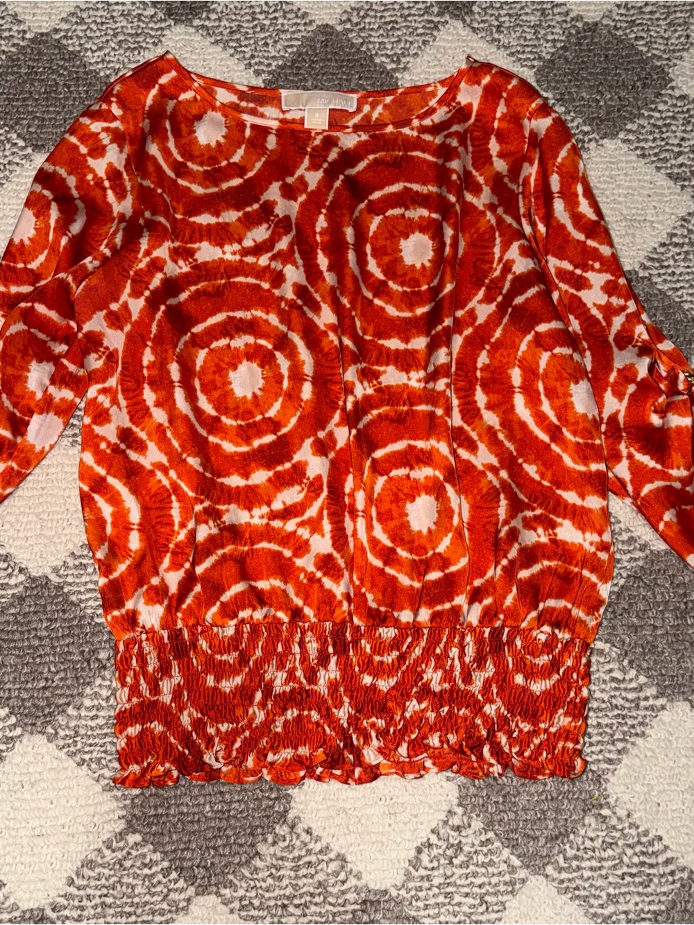 Michael Kors Orange Tie-Dye Smocked-Hem Blouse
